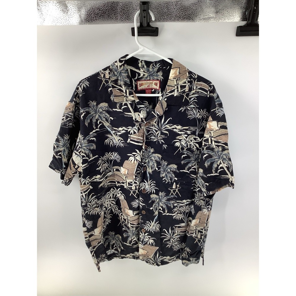 Caribbean Joe Mens Large Linen Blend Tropical Palm Tree Island Camp Shirt Navy